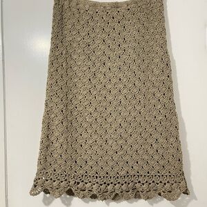 JJill Hand Crocheted Linen Blend Tan Skirt Adjustable Waist Lined Size L Tall